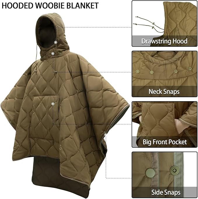 Poncho Liner Hoodie with Pocket Insulated Military Sleeping Bag Waterproof for Outdoor Camping Travel Survival Hunting Car Emergency