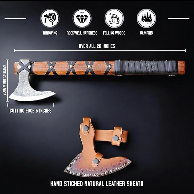 Viking Axe of Ragnar Lothbrok Hunting Axe with Rosewood Handle - Hand-Forged High Carbon Steel Sharp Blade, Handmade Camping Axes, Hatchet-Norse Ax, Tomahawk Vikings Bearded Axes, with Leather Sheath