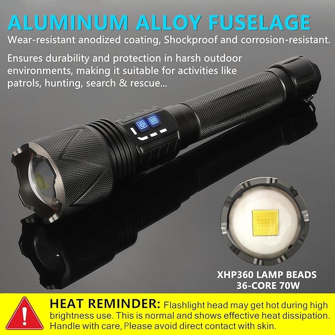 USB-C Rechargeable Tactical Flashlight 10000 High Lumens, XHP360 70W Super Bright LED Flash Lights with Zoomable & 1600ft Beam, Long Lasting Powered Handheld Flashlight for Home, Emergencies, Camping