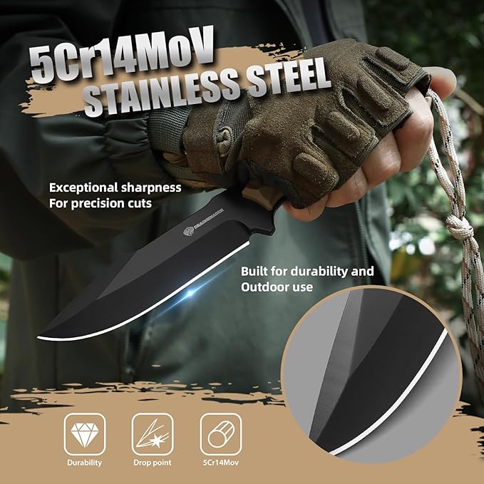 Fixed Blade Knife with Sheath, 5.04" Blade in 5cr14mov Steel, Tactical for Men, Survival Knife with ABS Handle,Full Tang Design Khaki-Black