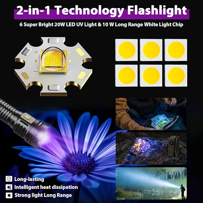 2-in-1 Powerful UV Flashlight & High Lumens Tactical Light, 7 Modes Rechargeable, 18H Runtime, IPX5 Waterproof for Pet Urine Detection, Curing Resin, Outdoor Emergencies, Scorpion Hunting 2 Packs