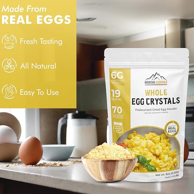MOUNTAIN ESSENTIALS Whole Egg Crystals Pasteurized Dried Egg Powder 8 Oz Pure Natural Nutrient-Rich Whole Egg Powder For Baking, Cooking, Camping, Quick Meal Preparation Shelf Stable Food Pack of 1