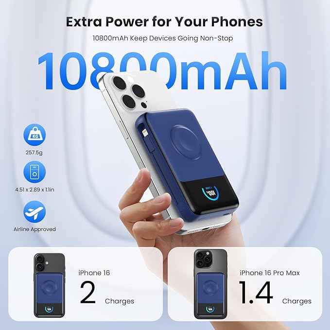 Magnetic Portable Charger 10800mAh with Built-in Cables,5-in-1 Qi2 Certified 15W Wireless Power Bank with iWatch Charger,30W PD Fast Charging USB-C Battery Pack for iPhone 17/16/15/14/13/12-Dark Blue
