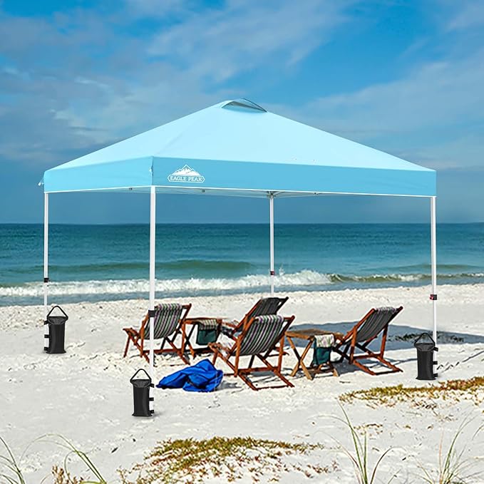 EAGLE PEAK Pop Up Canopy Tent with Wheeled Carry Bag, 8 Stakes, 4 Ropes, 4 Weight Bags, Easy Set Up Tent Canopy, 10x10 ft, 100sqft of Shade, Light Blue