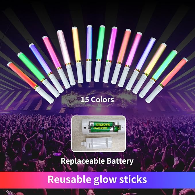 LED Glow Sticks 2 Pack, Reusable Light Up Toys 15 Colors Light Stick Bulk, Glow Party Supplies for Wedding, Birthday, Raves, Concert, Camping, New Year, Halloween, Christmas (with AAA Battery)