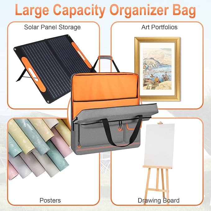 Solar Panel Storage Bag with Orange Lining, Deepened Opening, Zipper with Pull and Multi-Accessory Space Solar Panel Travel Carrying Case Fit for Jackery SolarSaga 100W 100X 200W, Gray
