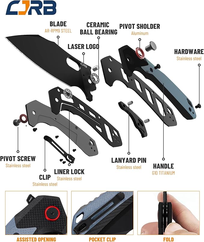 CJRB Folding Pocket Knife Caldera (J1923) AR-RPM9 Powder Steel Blue G10 Handle for Men EDC Camping Hiking Outdoor