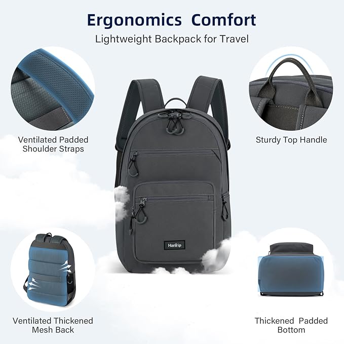 Carry On Travel Backpack For Women, 18 Inch Water Resistant Large Backpack Lightweight Bookbag For Men, 8x14x18 Personal Item Bag Casual Daypack Backpacks For Work Office Commuter (Dark Gray)