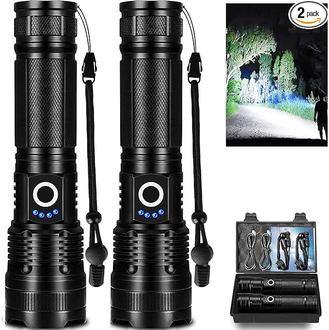 Led Flashlights High Lumens Rechargeable 2 Pack, 99000 Lumen Super Bright Fashlight with 5000ɱAh Βattery, Waterproof Powerful Flash Light Multifunctional Flashlights for Home Camping Hiking