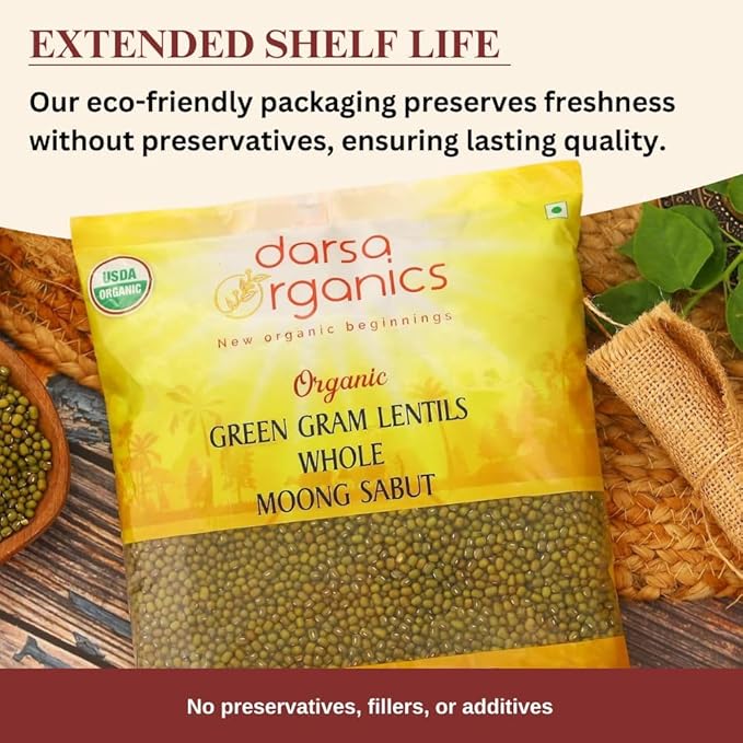 Darsa Organics Whole Green Moong (Mung) Bean Lentils 2 lb ??USDA Organic, Non-GMO, Kosher, Gluten-Free | Protein & Fiber Rich | Perfect for Sprouting, Soups & Salads