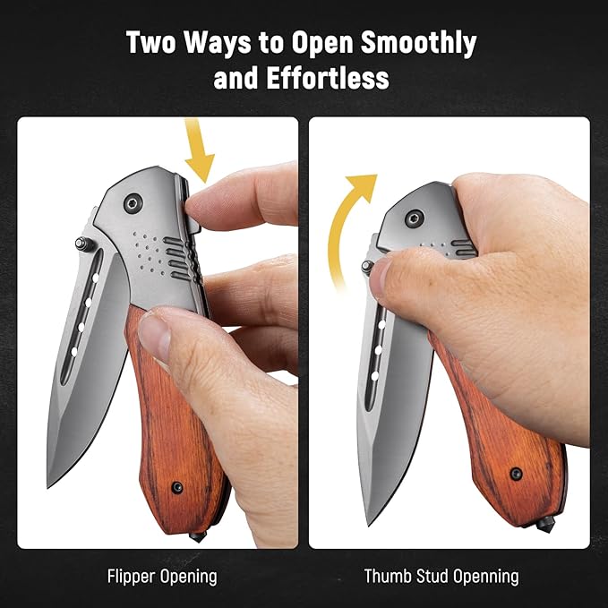 Pocket Knife for Men - Wood Handle Folding Pocket Knives with Clip, Glass Breaker - 3.46" Sharp Blade EDC Knife for Dad Tactical Hunting Survival Camping Fishing Hiking - Grey