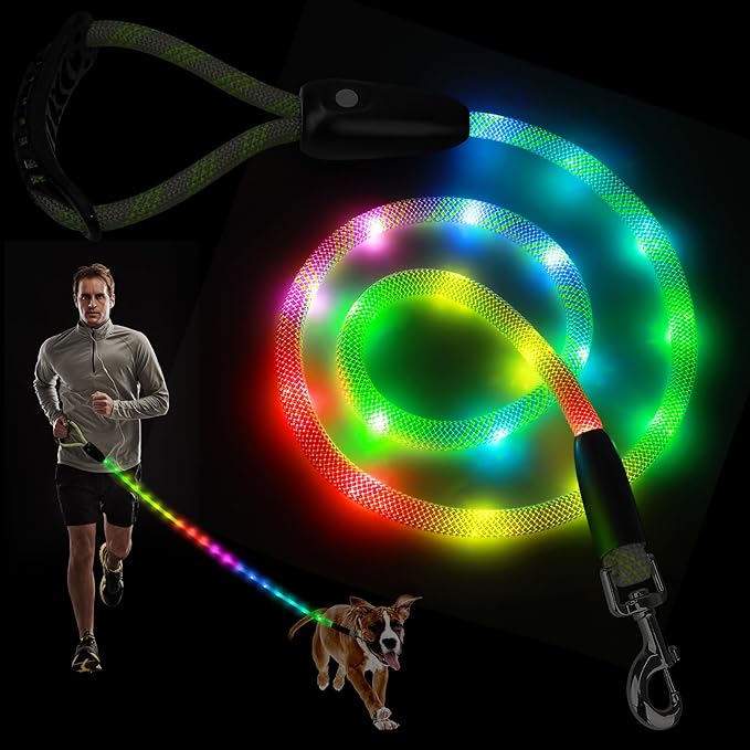 BSEEN Light Up Dog Leash - LED Dog Leash Type-C Rechargeable, 13 Lighting Modes, Glow in The Dark Pet Lead with Soft Handle for Small Medium Large Dogs Night Walking Safety (RGB, 4 Ft)