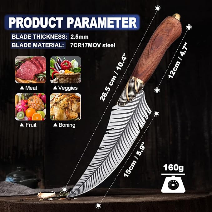 ROCOCO Feather Viking Boning Knife Japanese Forged in Fire Fancy Handmade Butcher Cleaver with Sheath Kitchen Outdoor Camping BBQ Collection Birthday Father Mother Christmas Day Gift 5.9"