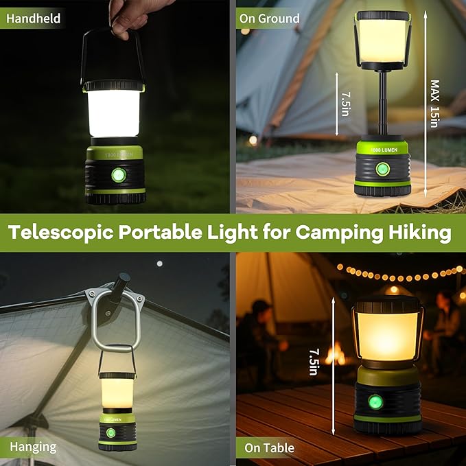 LED Camping Lantern Rechargeable Telescopic Camping Light,1800LM, 4400mAh IPX5 Waterproof Tent Lights, 4 Light Modes, Portable Dimmable Flashlight for Power Outages, Emergency, Hiking, USB C