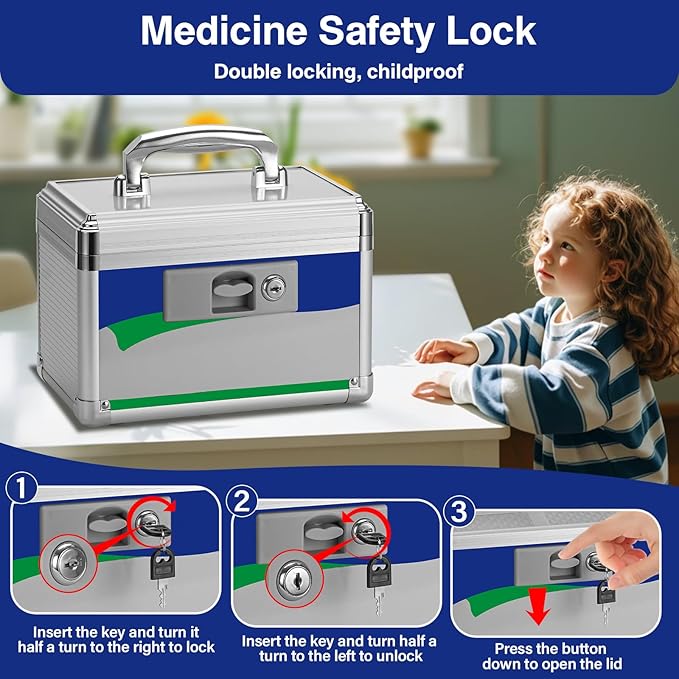 Medicine Lock Box for Safe Medication - 10 x 6 x 6.7 Inches - Lockable Storage Box for Drugs, First Aid Kit Empty, Lock Boxes with Key for Home/Outdoor (Blue/Small)