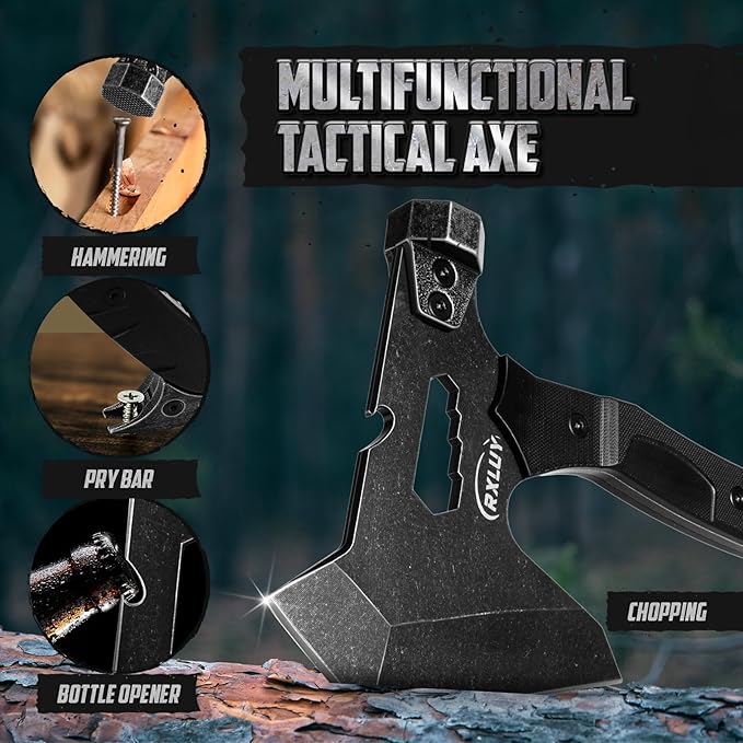 Tactical Axe with G10 Handle Camping Survival Hatchet, Multifunctional Outdoor Hiking Heavy Duty Full Tang Tomahawk Tools with Hammer, Unique Design Crowbar, Leather Sheath (Black)