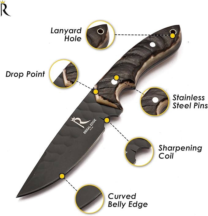 Fixed Blade Knife ??9" Black Coated Drop Point Hunting Knife With Leather Sheath - Full Tang 1095c High Carbon Steel - For Outdoor Use