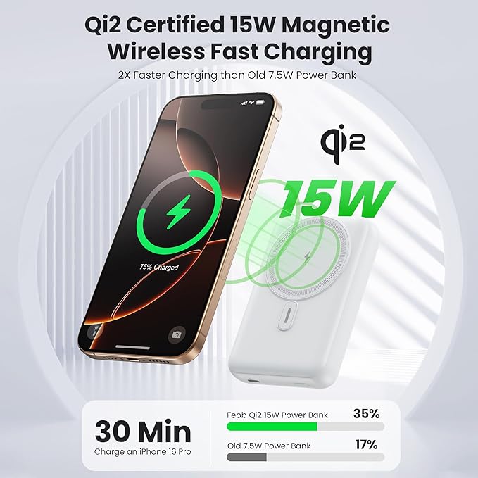 Magnetic Portable Charger for iPhone, 3-in-1 10800mAh Qi2 15W Wireless Power Bank with iWatch Charger,30W PD Fast Charging USB-C LCD Display Battery Pack for Magsafe,iPhone 17/16/15/14/13, Apple Watch