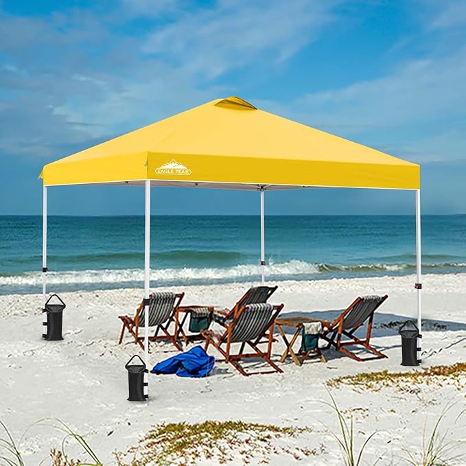 EAGLE PEAK Pop Up Canopy Tent with Wheeled Carry Bag, 8 Stakes, 4 Ropes, 4 Weight Bags, Easy Set Up Tent Canopy, 10x10 ft, 100sqft of Shade, Yellow