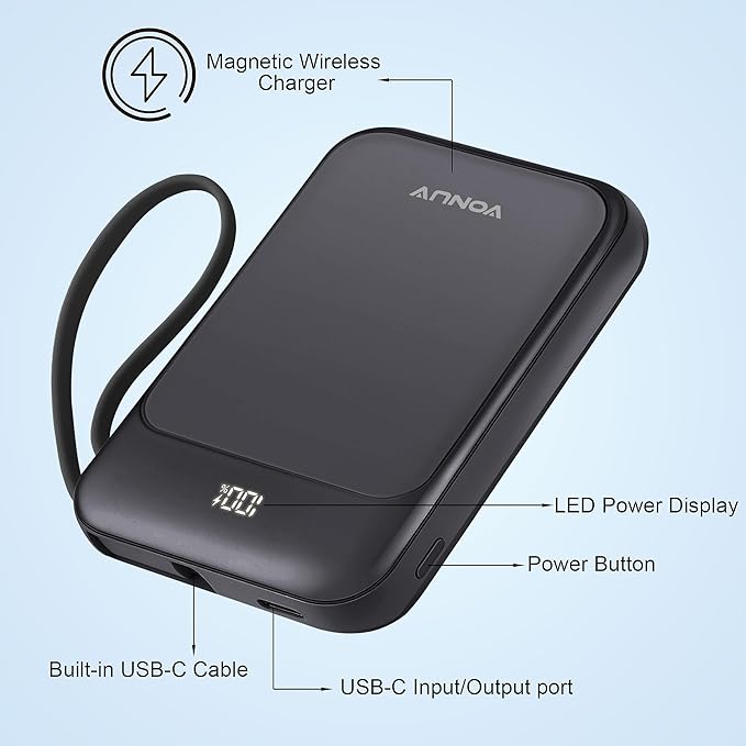 Magnetic Power Bank 10000mAh, Wireless Portable Charger with 15W Max Fast Charging & Built-in USB-C Cable, 22.5W PD LED Display Battery Pack Compatible with iPhone 16/15, Samsung Galaxy