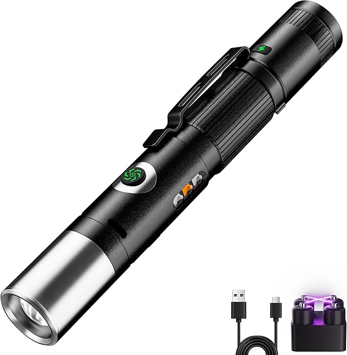 Pen Light Flashlight Rechargeable 600 Lumens,7-Mode Zoomable EDC Led Flashlights with Magnetic Base&Alarm,USB-C Charging Multi-Color Side Small Pocket Work Light with Clip for Working,Home,Emergency