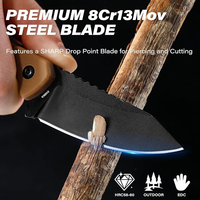 Fixed Blade Knife with Kydex Sheath and Bottle Opener, 3.2" 8Cr13Mov Blade Full Tang EDC Knife with Ergonomic G10 Handle, Small Horizontal & Scount Carry Knives for Survival Camping Hunting Outdoor Activities