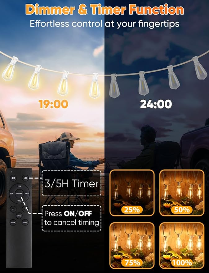 Brightever 120FT LED Outdoor String Lights with Remote, Patio Lights Outdoor Waterproof with 38 Shatterproof Edison Bulbs, Dimmable Outside Hanging Light for Birthday, Party, Christmas Decor, White