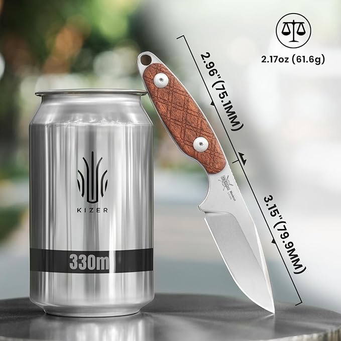Kizer Muskrat Fixed Blade Knife, 3.15 In S35VN Neck Knife Mkuruti Wood Handle Fixed Blade EDC Knives for Men Women, Outdoor Hunting Hiking Survival Camping Knives with Sheath, 1064A2