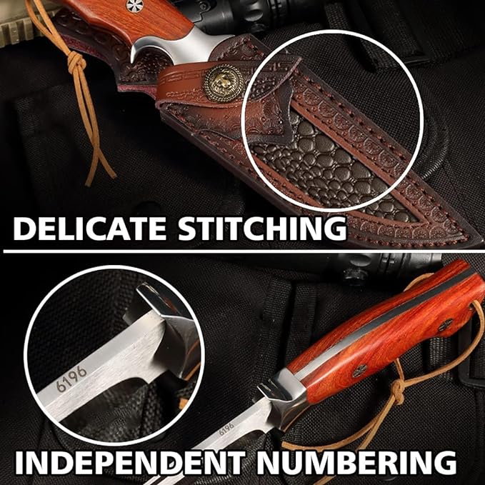M390 Steel Handmade Hunting Knife, Fixed Blade Full-Tang with Leather Sheath, Red Wood Non-Slip Handle - Survival, Tactical, Camping knives