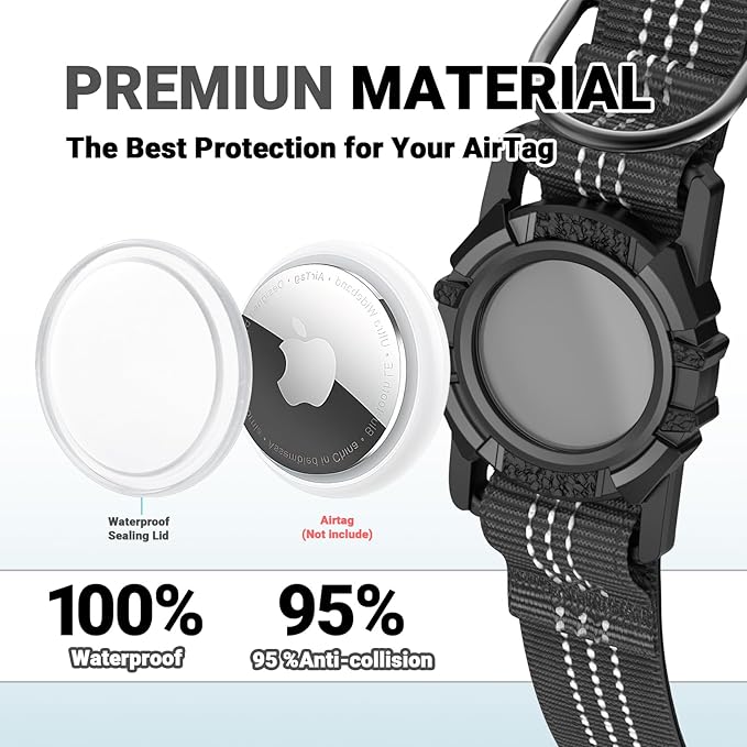 AirTag Dog Collar and Leash, IP68 Waterproof Integrated with Reflective, Ultra-Durable, Comfortable Padded, Heavy Duty Dog Collars for Small Medium Large Dogs, S (10.6"-13.6"), Black