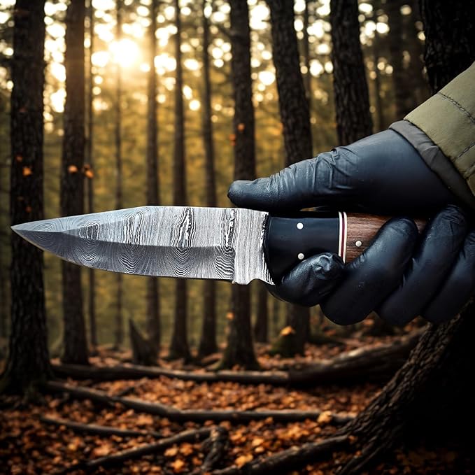 8.5" Handmade Damascus Steel Fixed Blade Skinning Hunting Knife with Leather Sheath - Best for Outdoor Camping, Skinner, Deer, Fishing, Hiking - EDC Survival Knives for Men Ideal Gift for Hunters