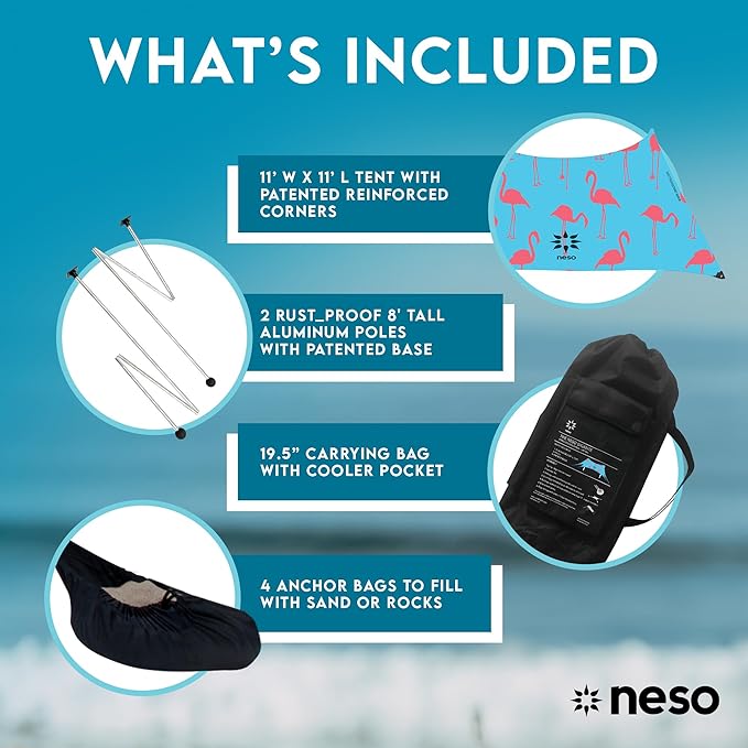 Neso Gigante - Portable Beach Tent - Ideal to Enjoy with Family and Friends - UPF 50+, Water-Resistant, and Lightweight - Flamingos, 11' x 11'