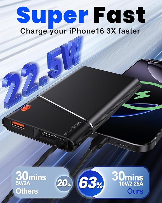 Portable Charger Power Bank, 10000mAh 22.5W PD Super Fast Charging Powerbank with Built-in USB C in&Out Cable, Slim External Phone Battery Pack for iPhone 17/16/15 iPad Samsung S24 Android etc