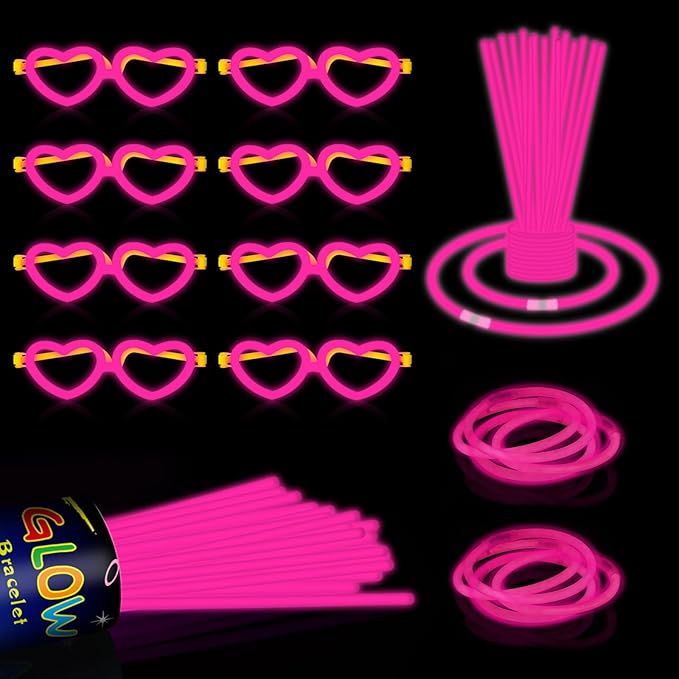 60 Pack 8??Pink Glow Sticks Bulk Bright Glow Sticks with 60 Connectors 20 Heart Glasses Glow In The Dark Party Supplies Neon Party Decorations Glow Bracelet Glasses for Holiday Carnival (Pink)