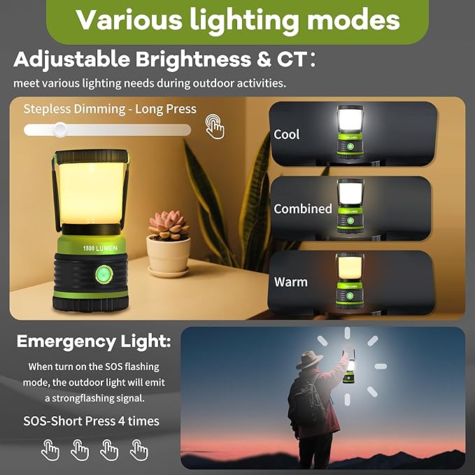 LED Camping Lantern Rechargeable Telescopic Camping Light,1800LM, 4400mAh IPX5 Waterproof Tent Lights, 4 Light Modes, Portable Dimmable Flashlight for Power Outages, Emergency, Hiking, USB C