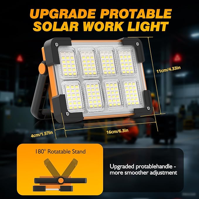 120W Solar Rechargeable Work Light, 144 LED 10000LM Led Work Light with 4 Modes, Portable Flood Light with Stand, IP66 Waterproof Outdoor Working Light for Emergency Mechanic Camping Repair (Yellow)