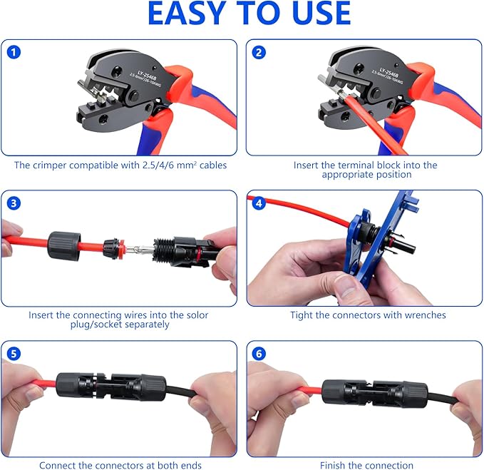 Solar Panel Connector, 60PCS Solar Crimper Tool Kit for Connecting Solar Panel Cable Wire, Solar Connector Kit with 30 Pairs Male/Female Solar Connectors, 1PCS Solar Crimper, 2 PCS Spanner Wrench