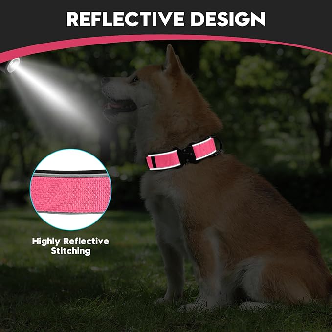 Dog Collar for Small Medium Large Dogs, Reflective, Adjustable Heavy Duty Dog Collar, Soft Neoprene Padded Comfortable for Walking (Pink, L)