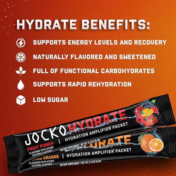 Jocko Fuel Hydrate Electrolytes Powder Packets Low Sugar - Hydration Amplifier Packets for Recovery, Dehydration, & Exercise - with Vitamins B6, B12 & C (16 Packets) Fruit Punch
