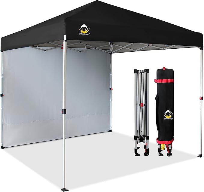 CROWN SHADES 8x8 Pop Up Canopy with 1 Side Wall - Beach Tent with One Push Setup - Outdoor Sun Shade for Events, Parties, Camping - Gazebo with STO-N-Go Cover Bag (Black)