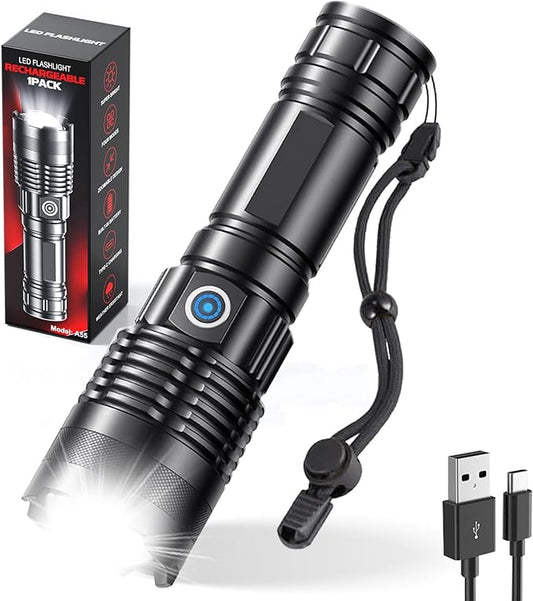 Rechargeable Flashlights High Lumens, 1 Pack Super Bright Tactical Flashlight With Adjustable Lighting Modes, Zoomable Handheld Led Flash Light For Camping Emergency Home Gift (Battery Included)