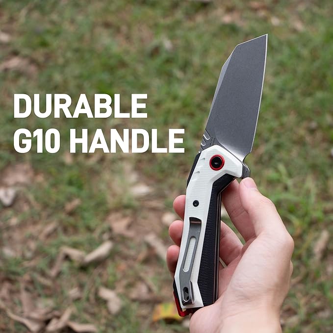 CJRB Tigris Pocket Knife, Folding Knife with AR-RPM9 Powder Steel Stonewash Blade Black & White G10 Handle for EDC Camping Hunting (J1919)