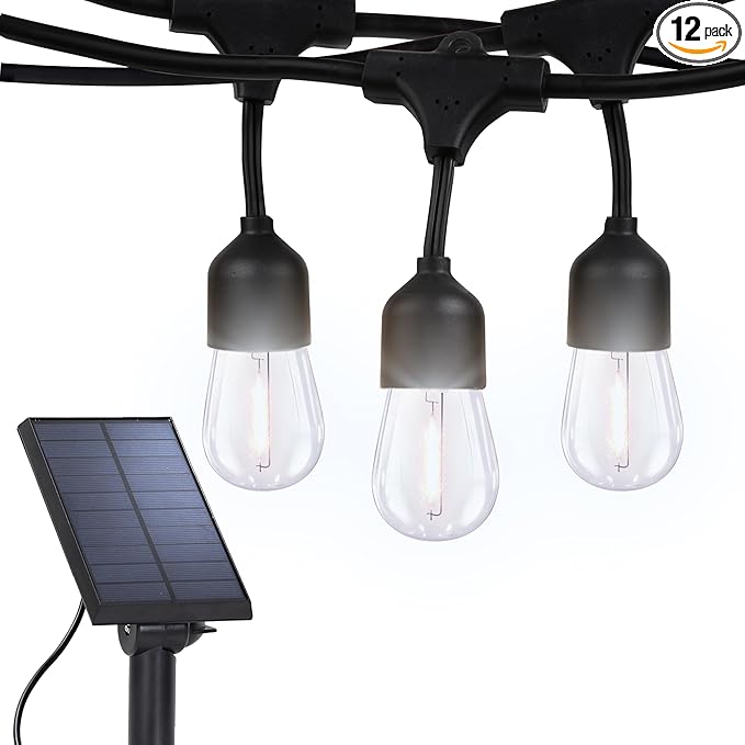 Brightech Ambience Pro Solar Powered Outdoor Patio String Lights - Commercial Grade 27 Ft Waterproof with 12 Edison Bulbs , Shatterproof LED - 2W , Soft White