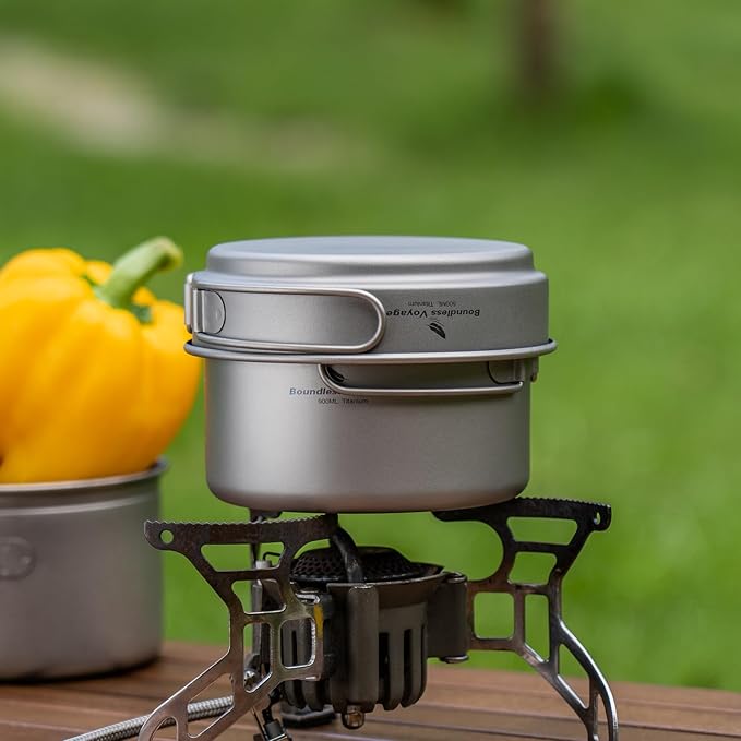 iBasingo Titanium Pot Pan Set with Folding Handle - Ultralight Portable Outdoor Cookware Mess Kit for Camping, Picnic, Travel & Backpacking (1080ml Soup Pot, 900ml Cup, 500ml Frying Pan)