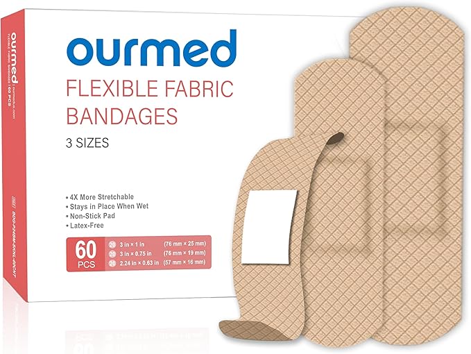 Flexible Fabric Adhesive Bandages,60 Count, Latex Free First Aid Bandage with Non-Stick Pad for Wound Care, Cuts, Scrapes, Blisters, Assorted Sizes