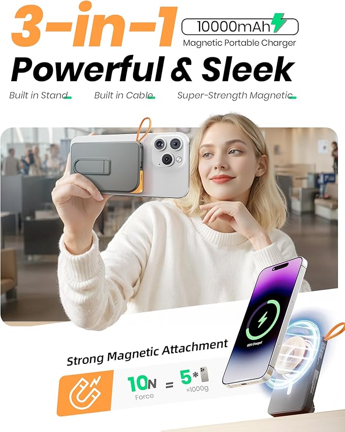 for Magsafe Battery Pack 10000mAh, 3-in-1 Magnetic Portable Charger with USB-C Cable 22.5W Fast Charging, Foldable Stand Wireless Power Bank, Powerbank Compatible with iPhone 17/16/15/14/13/12 Series