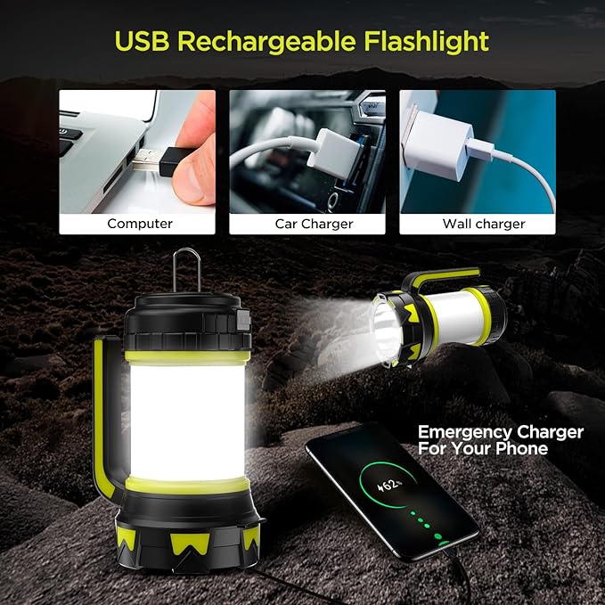 Rechargeable Flashlights Camping Lantern, 6 Modes LED Bright Flashlight 3000mAh Battery, IPX4 Waterproof, Emergency Flashlight Lantern for Outdoorï¼?Hurricane, USB Cable Included-2 Pack