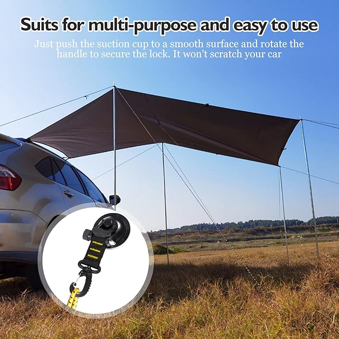 CONBOLA Suction Cups Hooks 4 Pieces Outdoor Car Camping Essentials Heavy Duty Upgraded Tie Down Suction Cup,Camper Accessories Strong Power for RV Boat Window Glass Camping Trap.(4 pcs,Yellow)