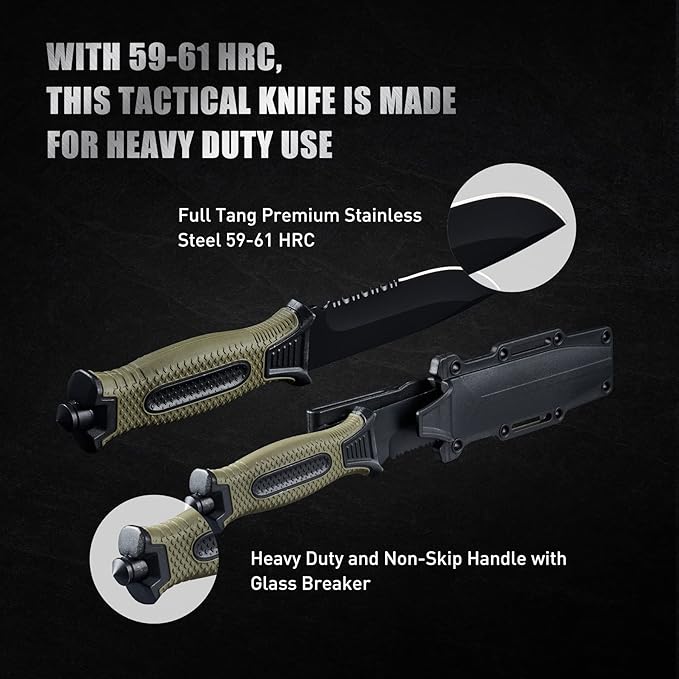 10" Fixed Blade Tactical Knives with Sheath and Clip, Stainless Steel Survival Hunting Bushcraft Full Tang Non-Slip Handle Knife for Camping, Hunting, Adventure, Outdoors, EDC,Military Green