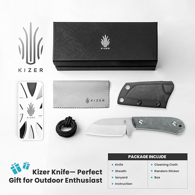Kizer Deckhand Fixed Blade Hunting Knife with Sheath, D2 Blade Camping Knife G10+Micarta Handle Lightweight EDC Fixed Blade for Men Women Outdoor, for Hunting Survival 1062A1